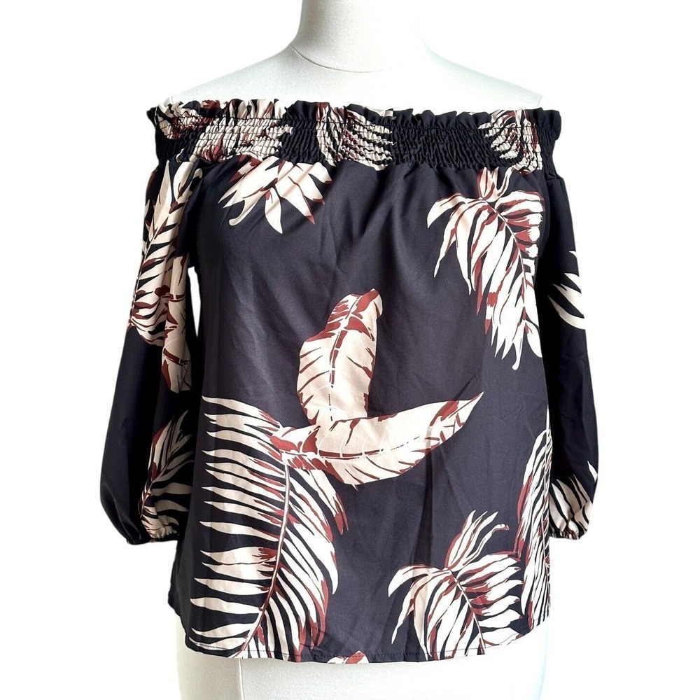 Tropical Off-Shoulder‎ Blouse Black & Beige Palm Frond 3/4 Sleeves Women's 1XL